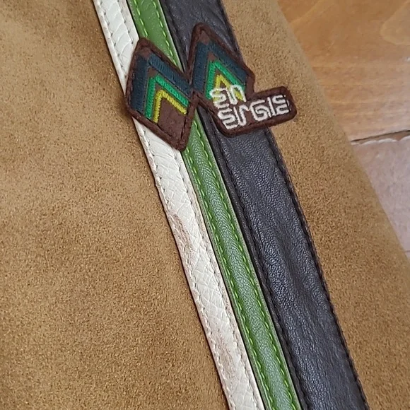 Vintage 90s MISS SIXTY Racer Moto Aviatior Suede Tan Jacket Brown Stripes M/L - Picture 11 of 15